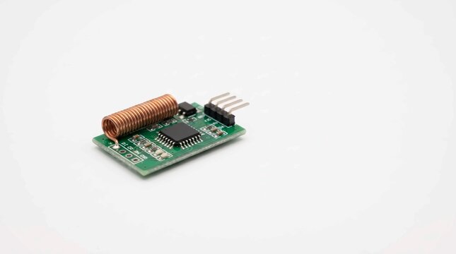 Small green electronic circuit board component featuring a copper coil inductor and integrated chip on a clean white studio background