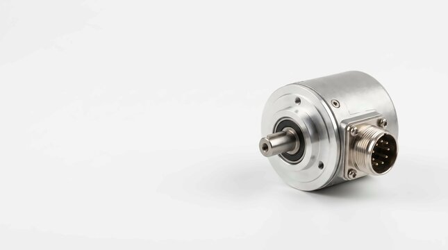 Industrial rotary encoder device crafted from polished stainless steel featuring a precise rotating shaft and electrical connector for automation systems