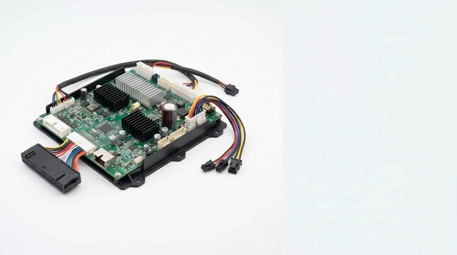 Green printed circuit board with black heatsinks and colorful wiring cables isolated on a clean white professional studio background surface