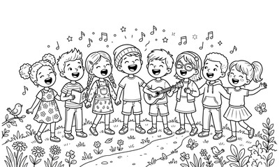Fototapeta premium Diverse group of happy children singing and playing music together outdoors surrounded by nature and butterflies line art vector design