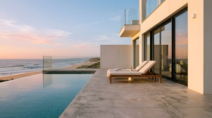 Fototapeta premium Luxury Villa Infinity Pool Overlooking Beach at Sunset