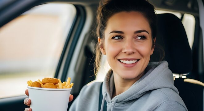 Smiling Young Woman Holding Fries in Car