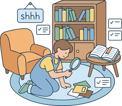 Child with magnifying glass explores books in library