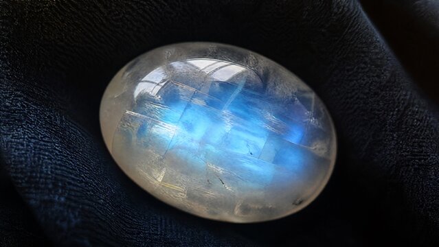 A moonstone gemstone glowing softly on dark fabric, close-up view.