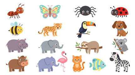 Cute Zoo Pet and Wild Animal Collection with Cartoon Insects Birds Mammals and Fish Flat Vector Set © MstJoynobAkhtar