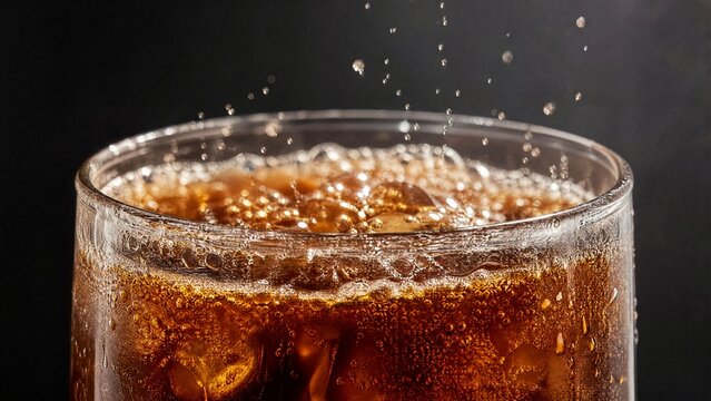 A glass of carbonated drink with rising bubbles and condensation on a clean background.