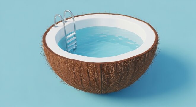 Half of a brown coconut shell used as a swimming pool with a metal ladder against a blue background