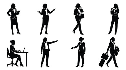 Fototapeta premium Set silhouette collection of businesswomen in professional poses. Black isolated corporate figures. Ideal for leadership, office, management, career and business concepts