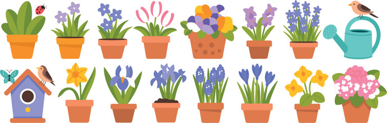  Cute Spring Garden Flower Pot Collection Set with Colorful Blooms Birdhouse Watering Can and Birds Flat Style Illustration Vector Design © MDEsmayil