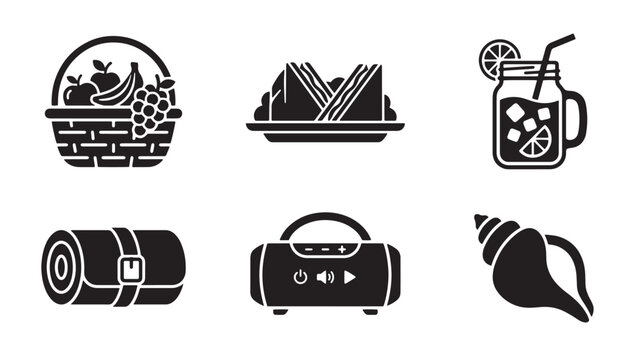 Picnic and beach leisure activities icon set with sandwich vacation lifestyle beverage portable electronics seashell recreation silhouette collection
