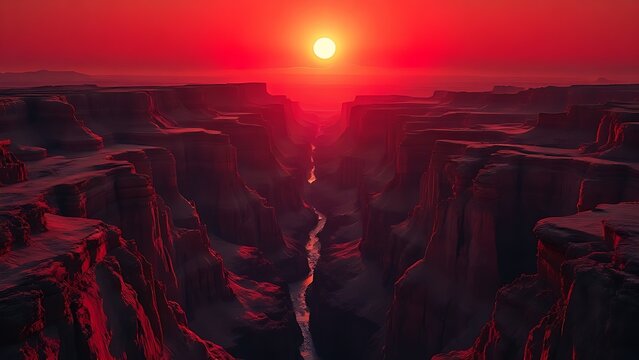 A stark black-and-red canyon landscape with impossible depth under an alien sun.