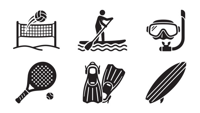 Set of black and white summer water sport icons and equipment with volleyball paddleboarding snorkeling flippers surfboard recreation activity vacation equipment collection illustration