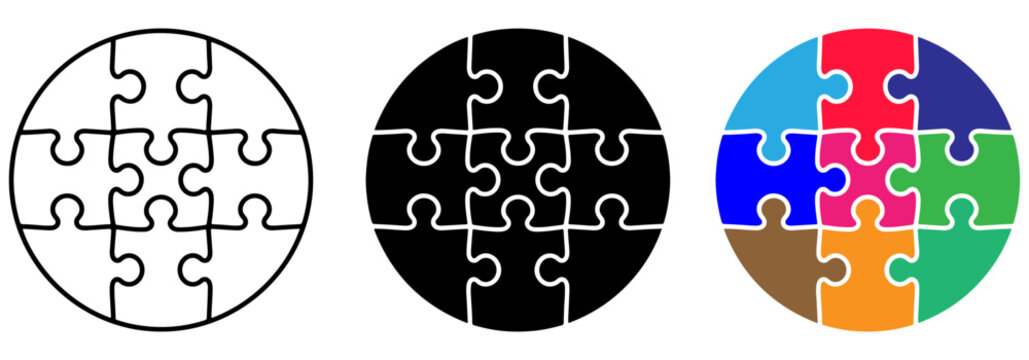 Round puzzle silhouette, Outline, black and colorful silhouette of a circular jigsaw puzzle, Circle puzzle Vector, puzzle, jigsaw, piece, pattern