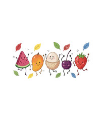 Naklejka premium Kawaii fruit characters dancing, cute cartoon watermelon mango lychee cherry and strawberry illustration, happy summer food mascots with colorful leaves
