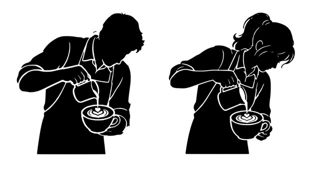 Silhouette of two baristas pouring steamed milk into coffee cups, creating latte art designs.