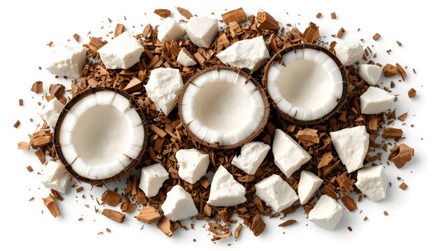  Scattered coconut pieces including cracked shell fragments, fresh white coconut flesh chunks, and natural husk fibers, ultra-detailed tropical composition, realistic texture showing rough fibrous hus