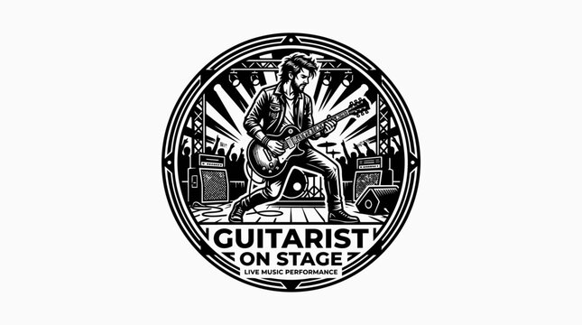 Musician playing guitar on stage performance.