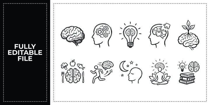 Black ink scribble human brain mind and thinking icon set featuring hand drawn doodle sketch vector illustrations of ideas, memory, logic, and creativity for mental health art.