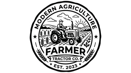Fototapeta premium Tractor logo with farmer and text.