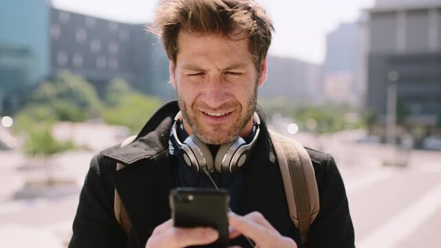 Commute, texting and businessman in city with phone, online communication or travel in morning routine. Digital, typing or employee in town with tech, email response or message update at start of day