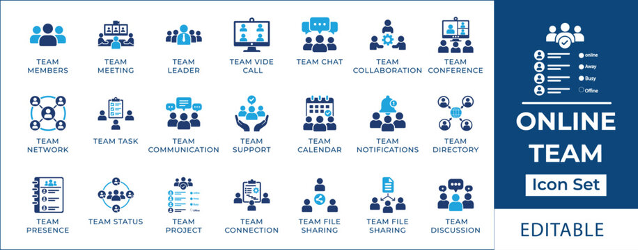 Corporate teamwork icon set featuring team collaboration, office culture, employee brain storming, group leadership, shared vision, and workplace partnership symbols.