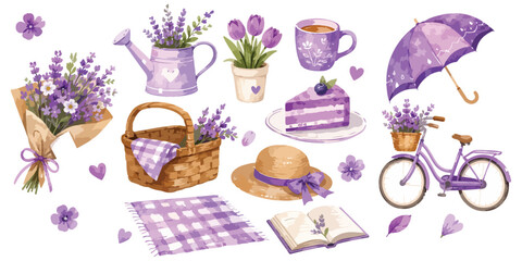  Watercolor lavender purple flower picnic and bicycle elements © dian's