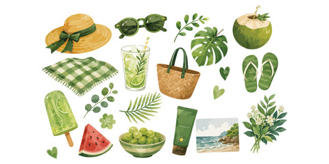 Obraz na płótnie Canvas Watercolor tropical summer beach vacation green elements set