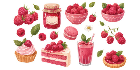 Watercolor sweet raspberry jam and dessert berry elements set © dian's