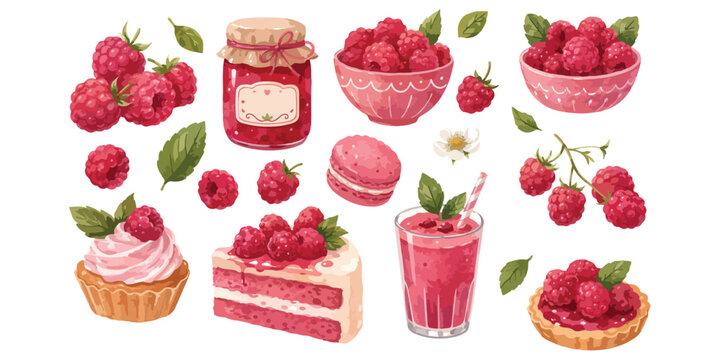 Watercolor sweet raspberry jam and dessert berry elements set