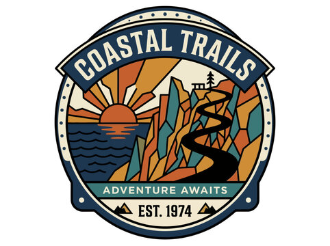 Vintage Adventure Awaits Trail Logo Emblem.