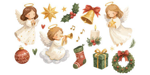 Obraz premium Watercolor cute christmas angel and holiday decoration elements