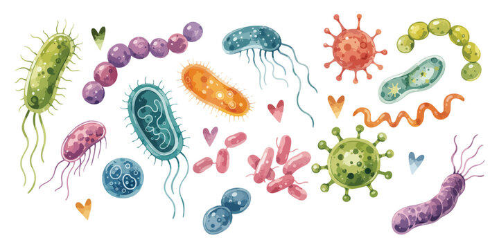  Watercolor microbe bacteria and virus cell elements set