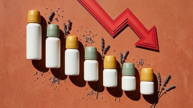 Descending baby bottles and red arrow representing low birth rate