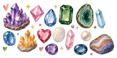 Obraz premium Watercolor magic crystal and gemstone elements set