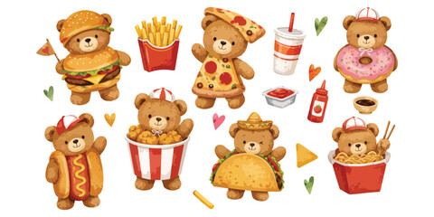  Watercolor cute teddy bear fast food costume set