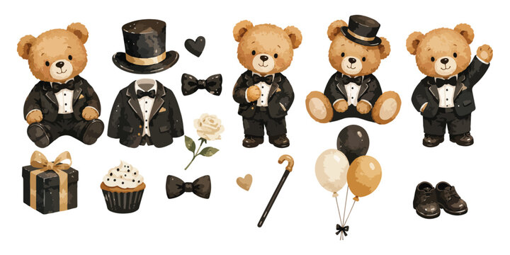 Watercolor cute teddy bear black tuxedo suit set
