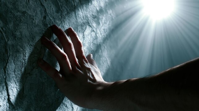 Hand Reaching Towards Light Rays Shining on a Textured Wall