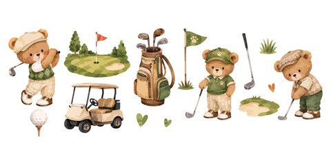 Obraz na płótnie Canvas Watercolor cute teddy bear playing golf set