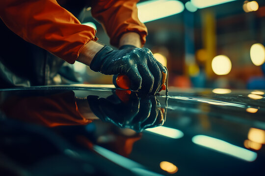 Gloved Hands Applying Dent Repair Tool on Black Car Body Panel, Cinematic Macro Detail, Industrial Spotlight