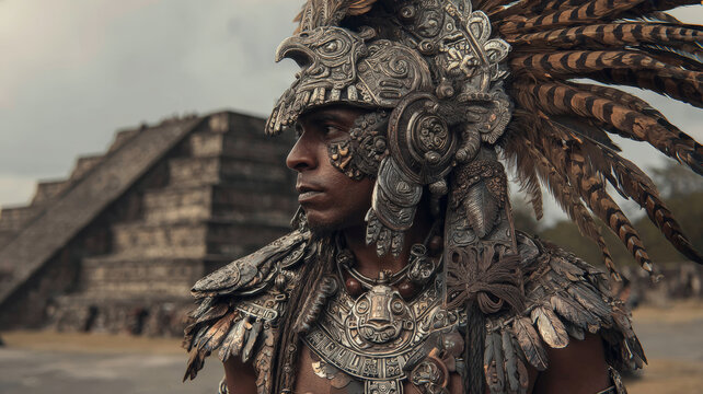 Maya Aztec civilization, Mexico culture. Mysterious, fantasy. A detailed, closeup portrait of a person wearing intricately designed silver and gold headdress with feathers.