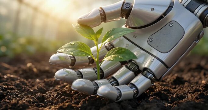 Smart agriculture concept: Robotic hand nurturing a green plant sprout in soil, sustainable farming technology.