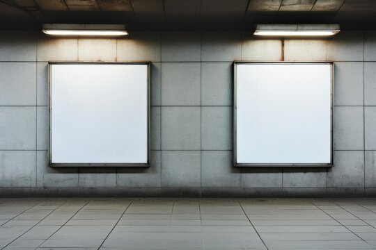 Blank billboards illuminating in an underground station for advertising mockups