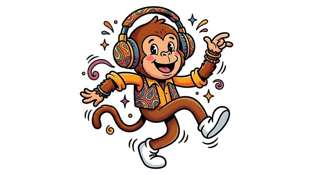 Happy dancing monkey cartoon mascot with rubber hose legs