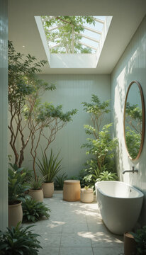 Serene bathroom featuring freestanding bathtub surrounded by lush greenery and potted plants. Natural light filters through skylight, creating tranquil atmosphere. walls are adorned with soft