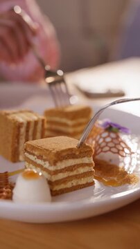 Close-up of women enjoying layered cake dessert in a cozy cafe. Friends tasting traditional medovik cake during a social gathering. Sweet food, dessert and lifestyle dining concept