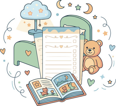 Cute bedtime scene with teddy bear and storybook