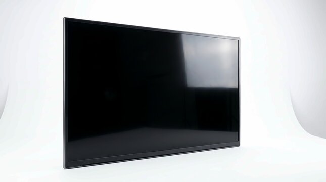 Modern large black television screen viewed from a side angle isolated against a clean bright white studio background wall setup