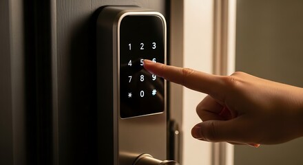 Naklejka premium Hand Entering Code on Electronic Door Lock Keypad