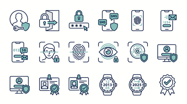 Essential vector icon collection illustrating digital security, online protection, user authentication, and data privacy for technology applications