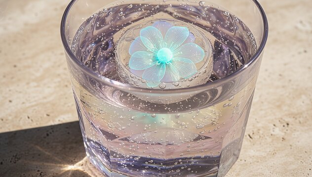 Futuristic Botanical Wellness Elixir with Sculptural Ice in Harsh Summer Sunlight